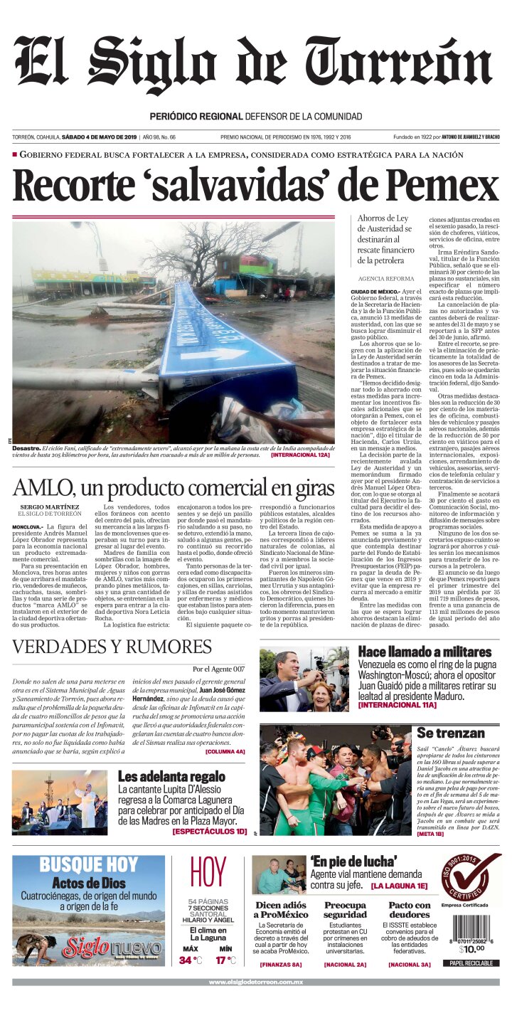 Edición impresa de El Siglo de Torreón, viernes 19 de abril de 2024
