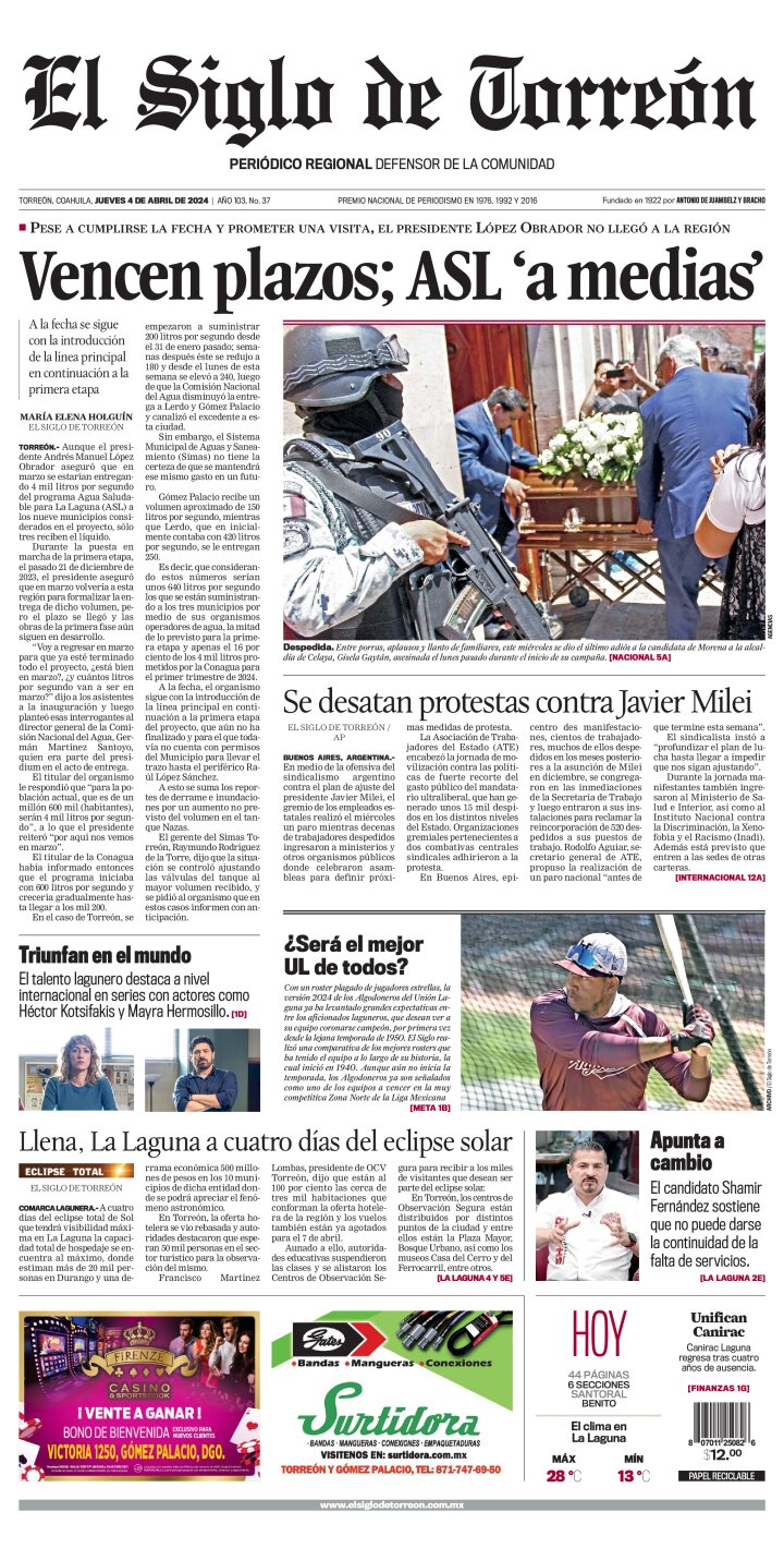 Edición impresa de El Siglo de Torreón, martes 30 de abril de 2024